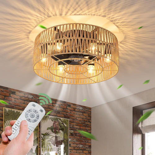 Boho Rattan Ceiling Fan Light 48CM, 6-Light, APP, Remote, Caged