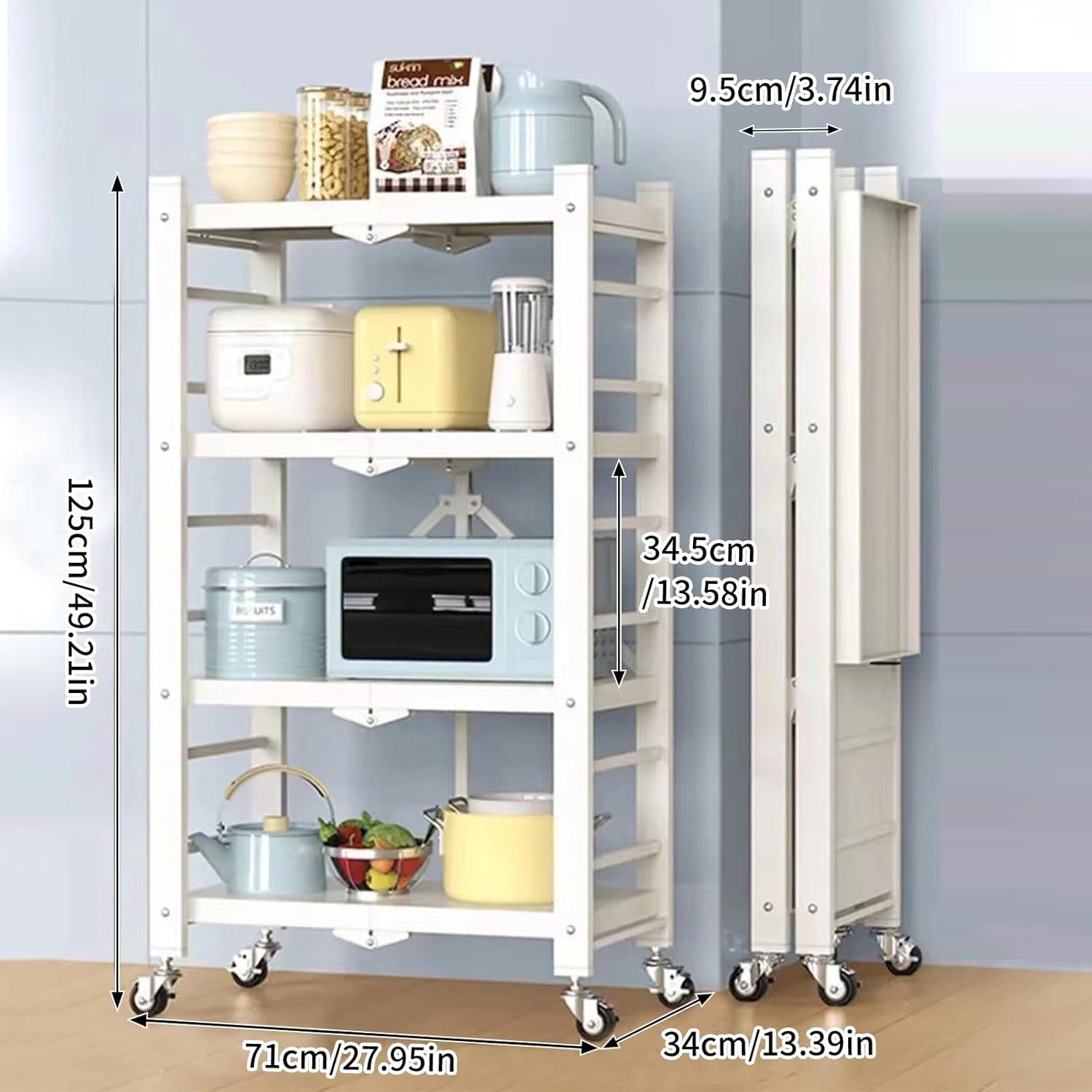Foldable Storage Shelf Unit Rolling Cart 4 Tier Metal Kitchen Organizer