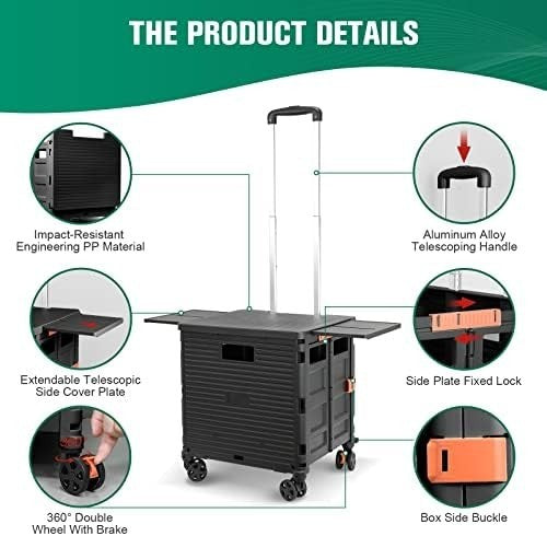Folding Shopping Trolley 55kg Heavy Duty Cart 360° Wheels Adjustable Handle