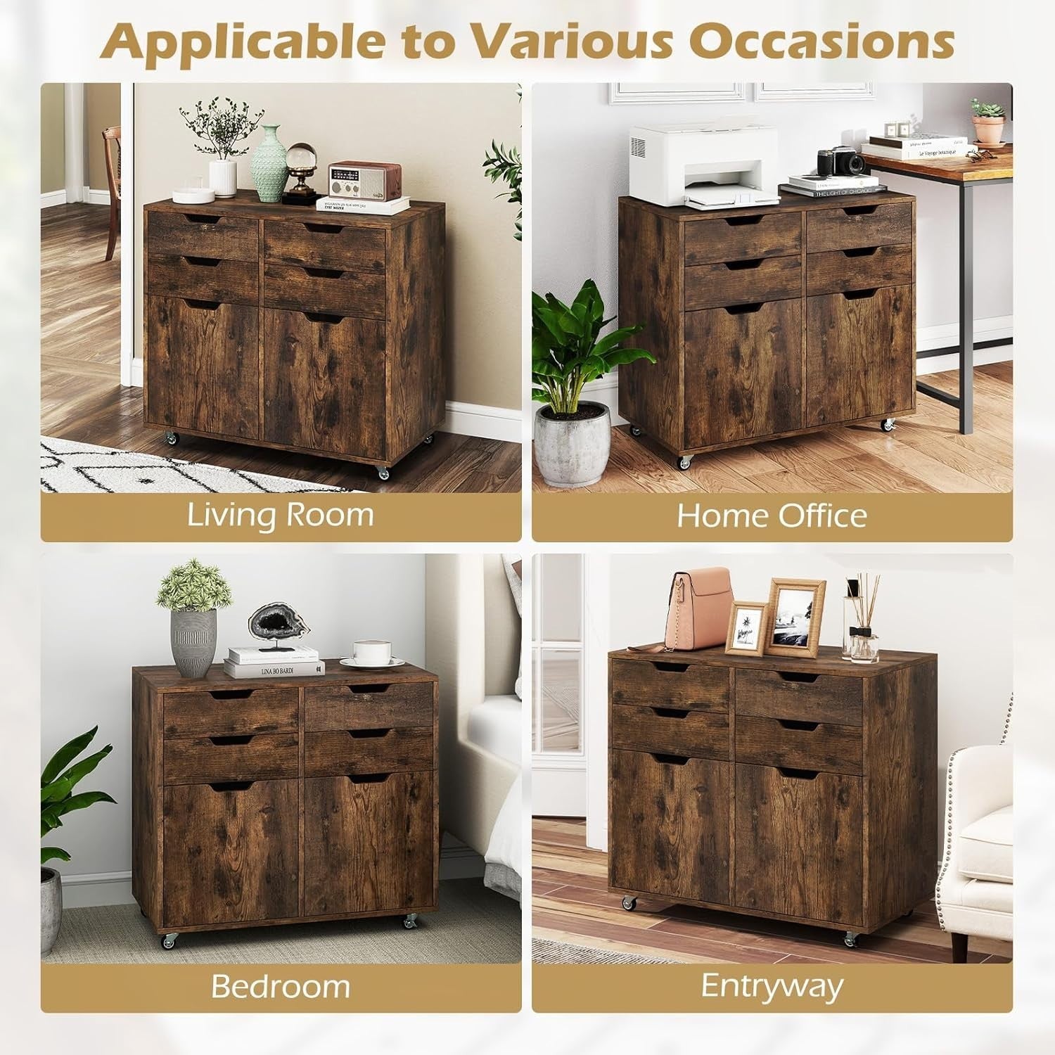 Rustic Brown Mobile File Cabinet 73x40x64cm 4 Drawer Printer Stand