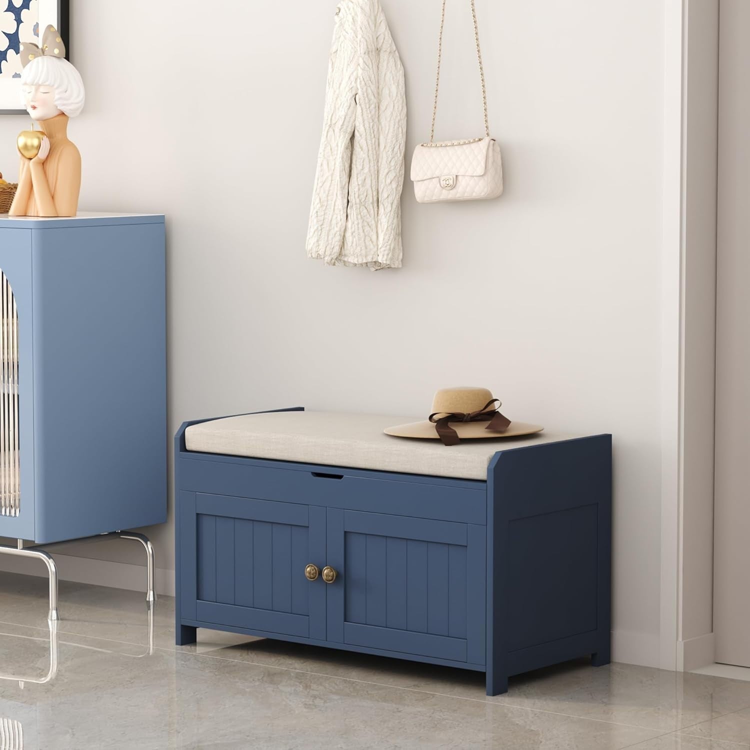 Blue Upholstered Shoe Storage Bench with Cushion Seat Cabinet Entryway 100x36x45