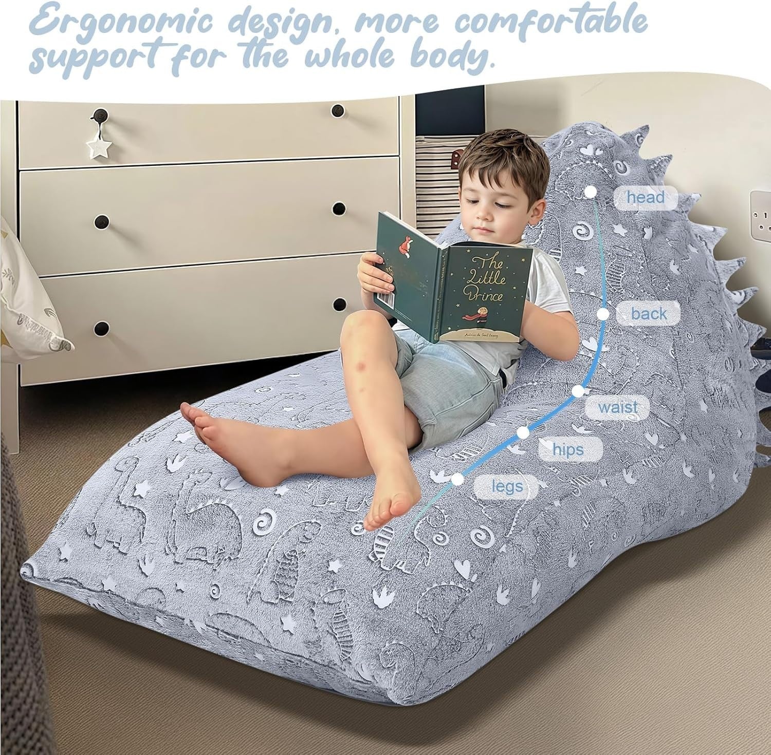 Large Grey Dinosaur Kids Bean Bag Chair with Removable Washable Cover