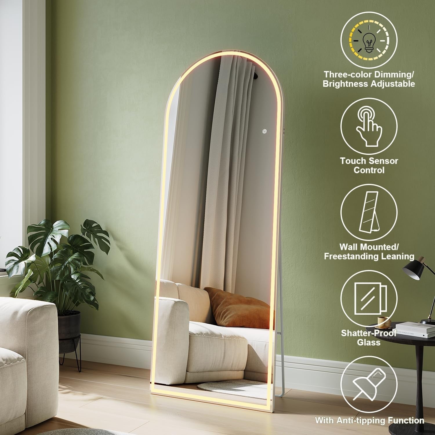 Full Length Mirror with Lights 160x60cm – Dimmable, Wall & Floor Mount
