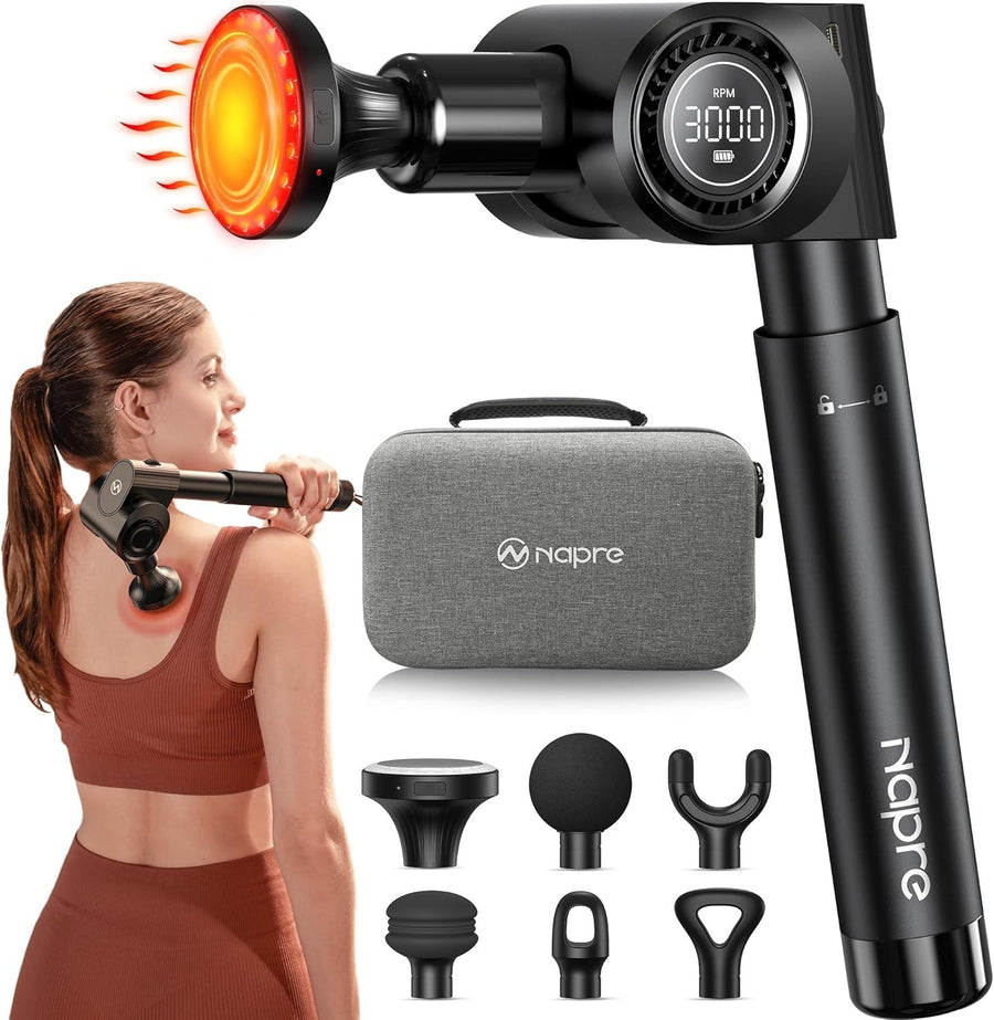 Deep Tissue Massage Gun with Heat Red Light Long Handle 32 Speeds Pain Relief