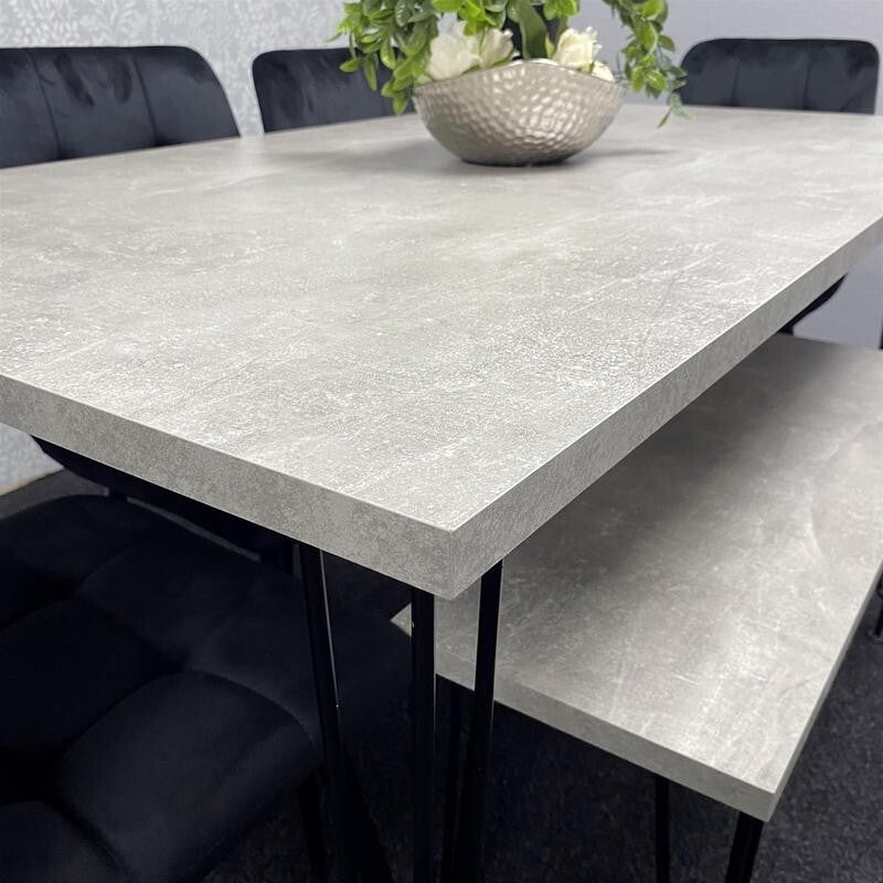 Grey Dining Table Set with Bench & 4 Black Velvet Chairs Hairpin Legs