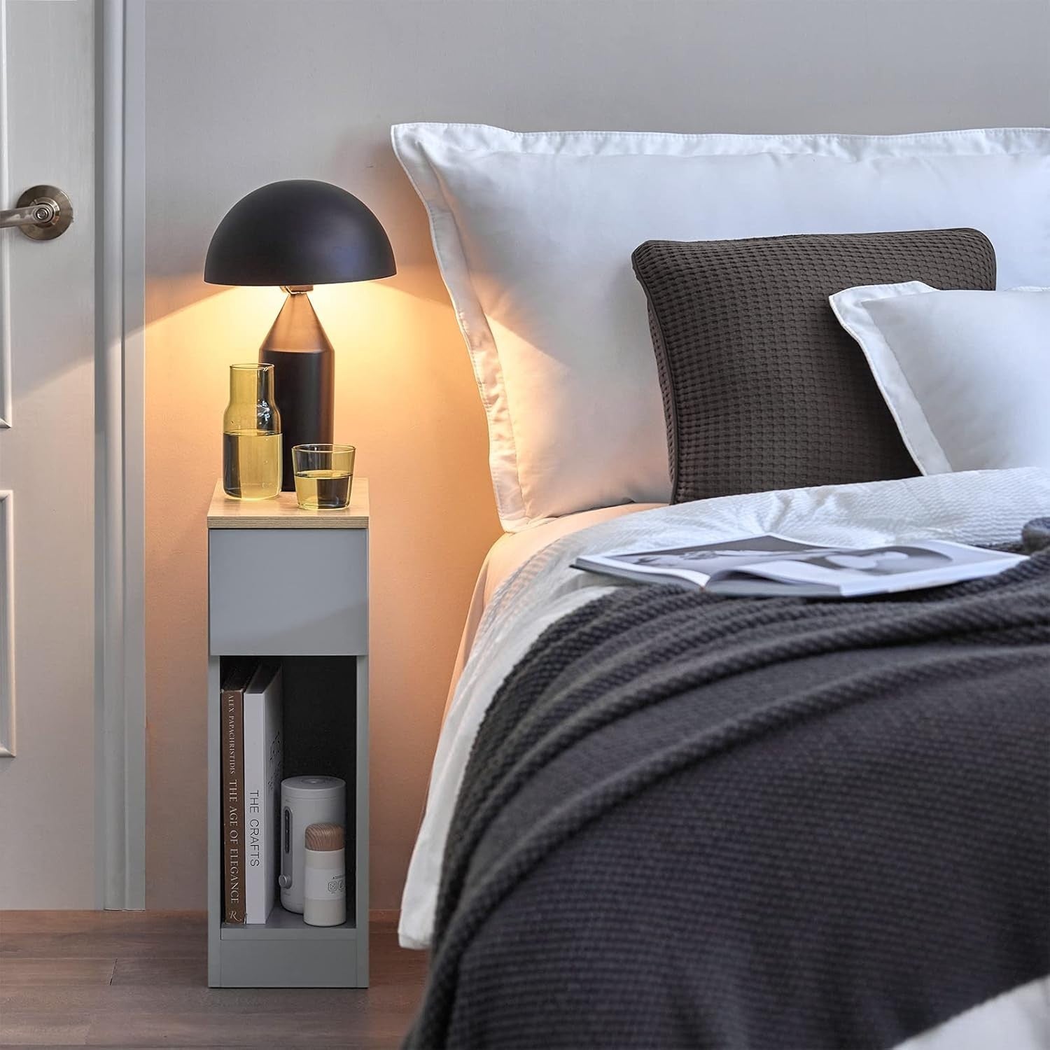 Set of 2 Slim Grey Bedside Tables with Drawer & Shelf