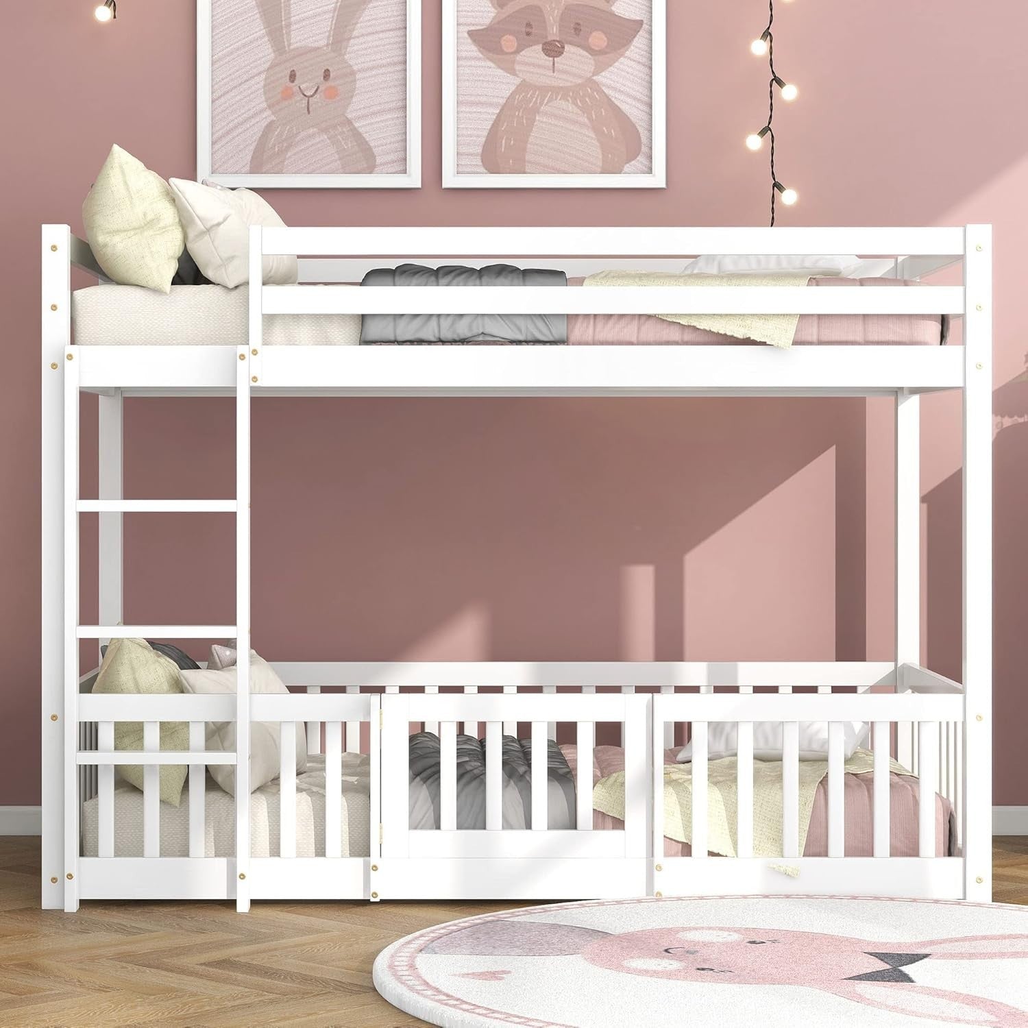 3FT Kids Bunk Bed with Fences & Door, Solid Pine Wood, Safe Play Area.