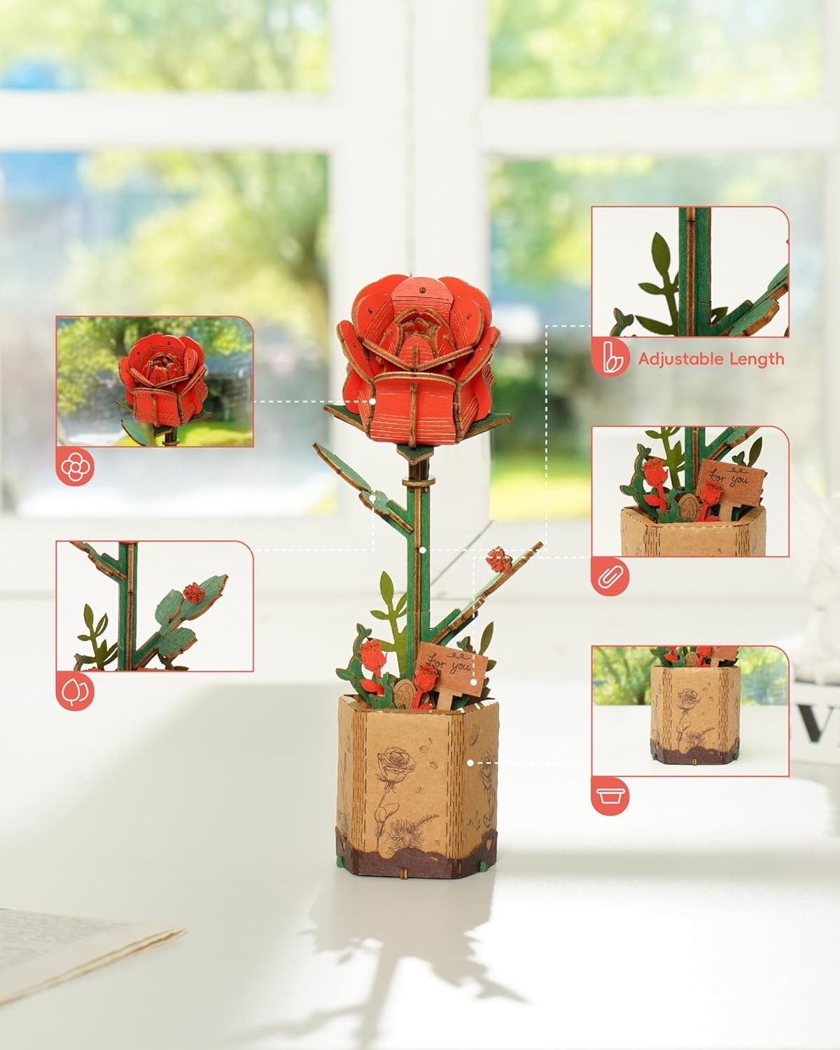 3D Wooden Red Rose Puzzle Kit – DIY Floral Craft Gift & Home Decor