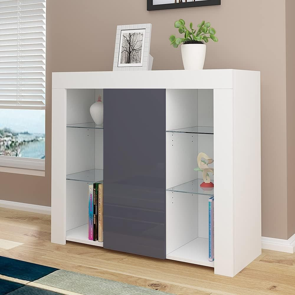 LED Sideboard Cabinet Grey Modern Display Unit with Glass Shelves RGB