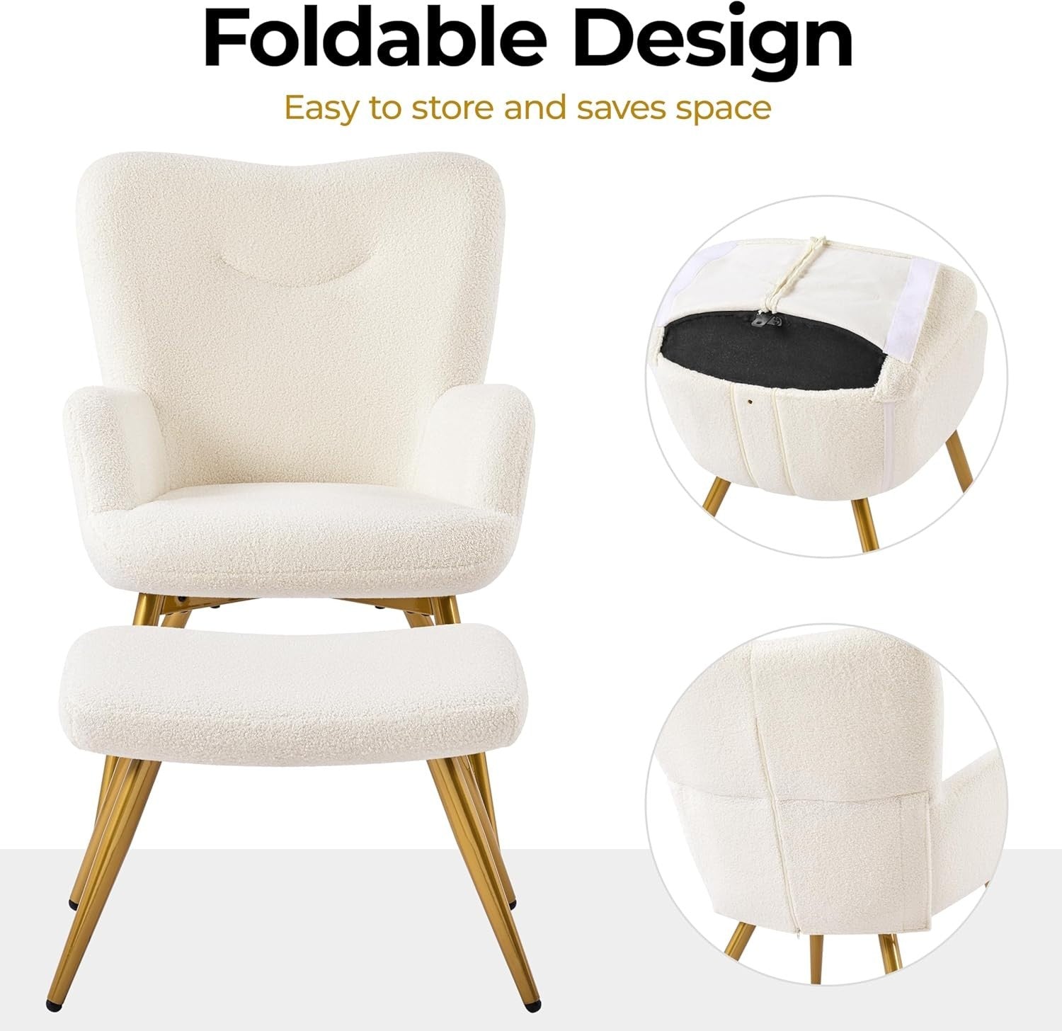 Cozy Ivory Boucle Armchair & Ottoman Set | Plush Lounge Chair with Metal Legs