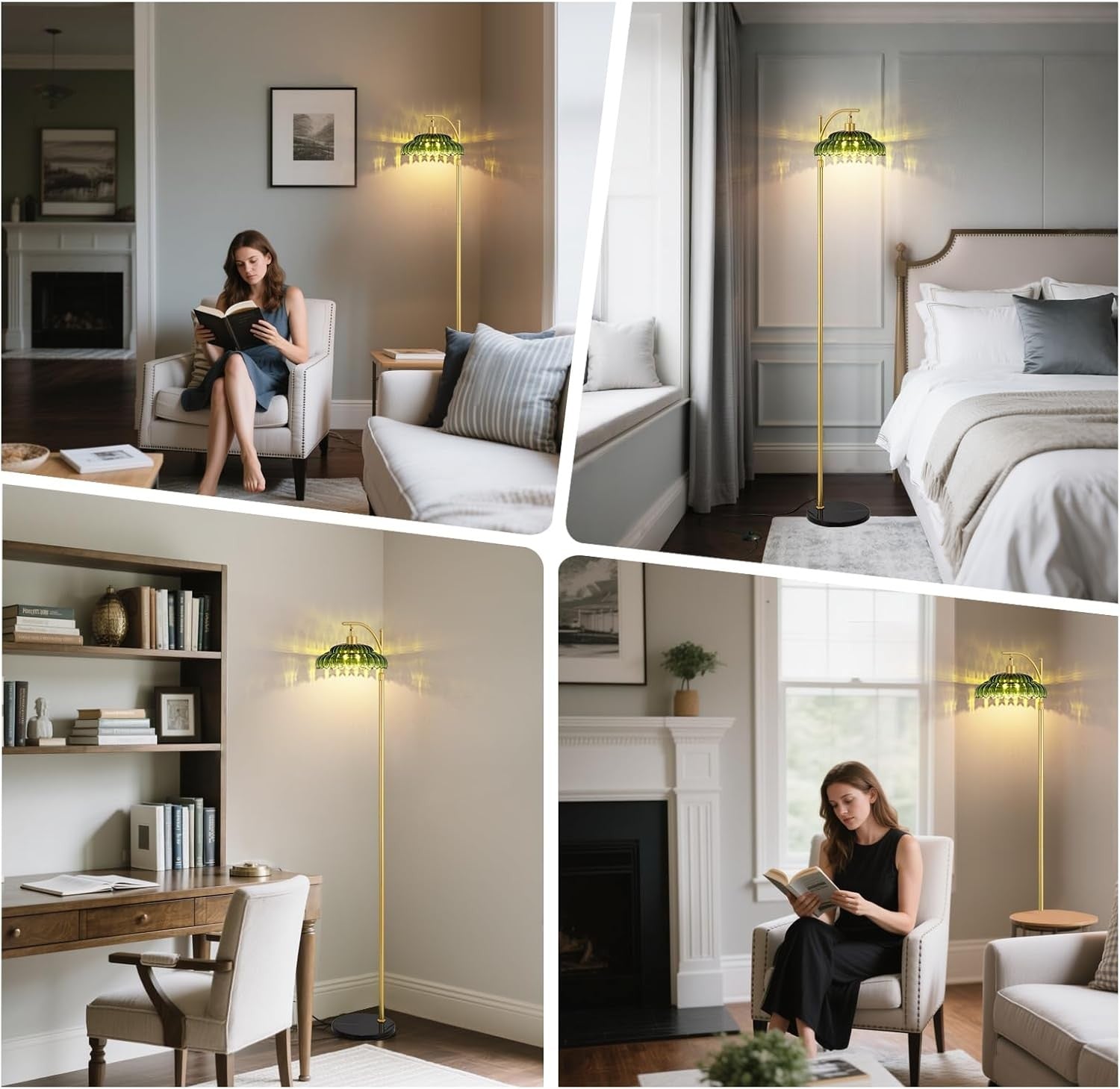 Gold Floor Lamp Dimmable Remote Green Glass Shade LED Tall Standing
