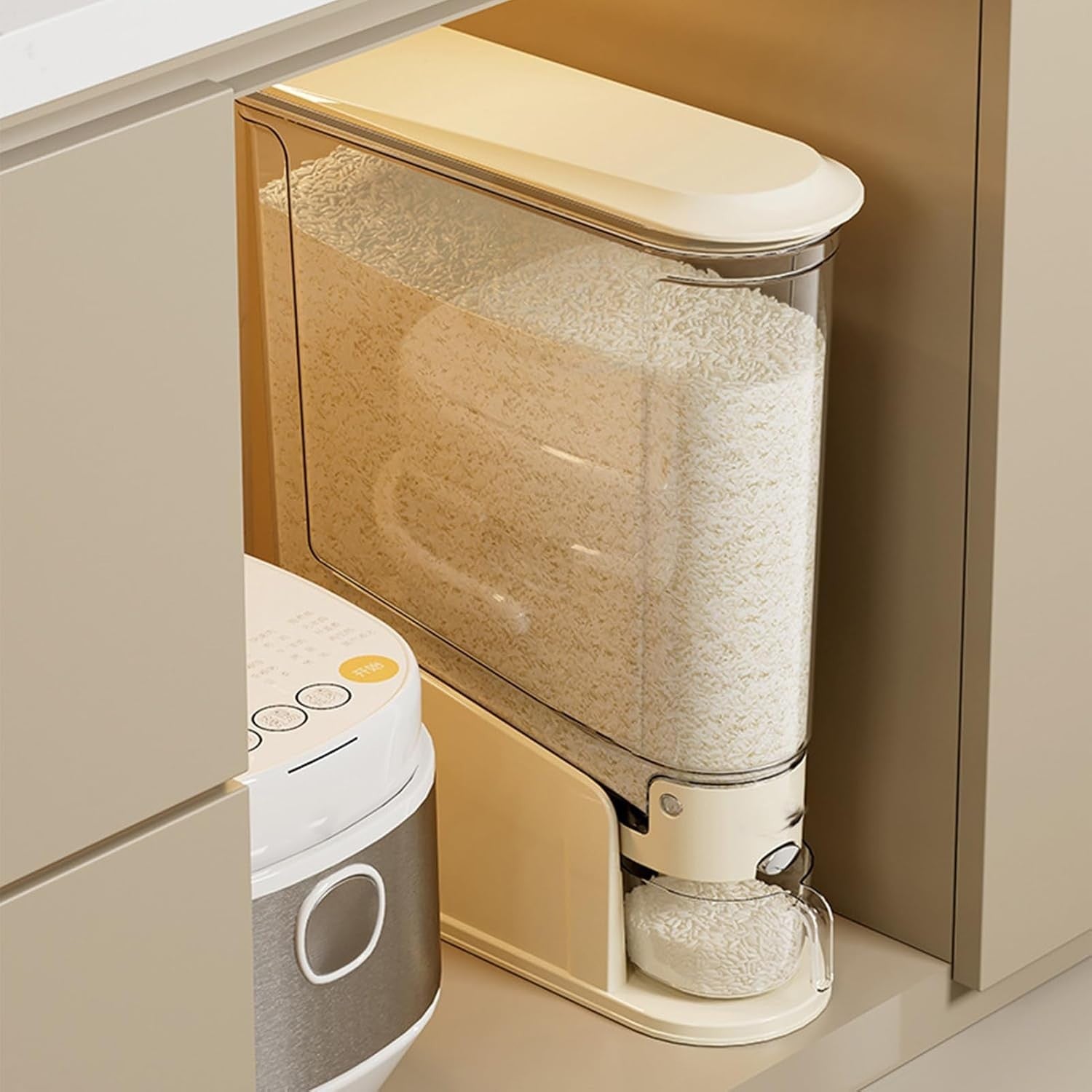 Slim Rice Bin Airtight Grain Storage Container with Measuring Cup