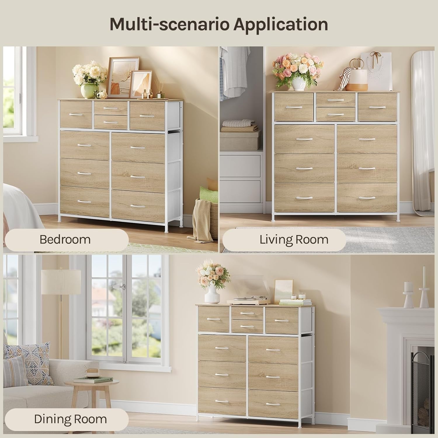 Tall Chest of Drawers 10 Fabric Storage Unit Light Oak White Metal Frame