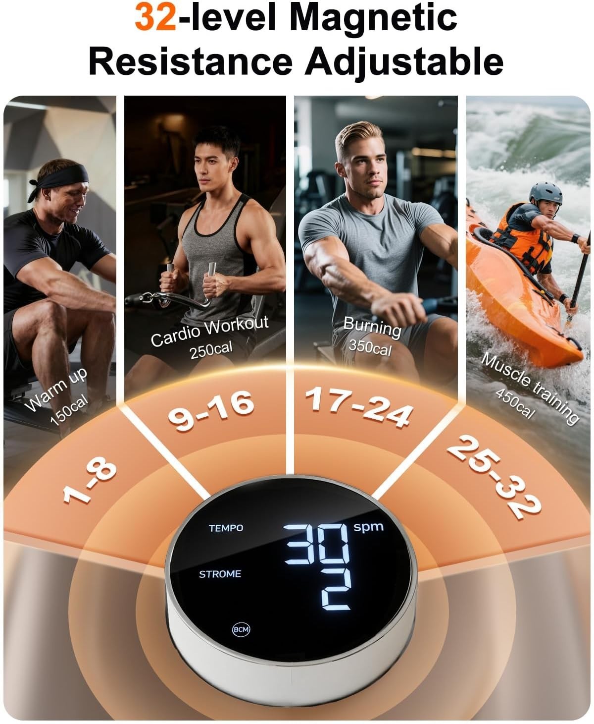 32-Level Magnetic Rowing Machine Quiet Belt Drive Rower LCD App Home Gym 136KG