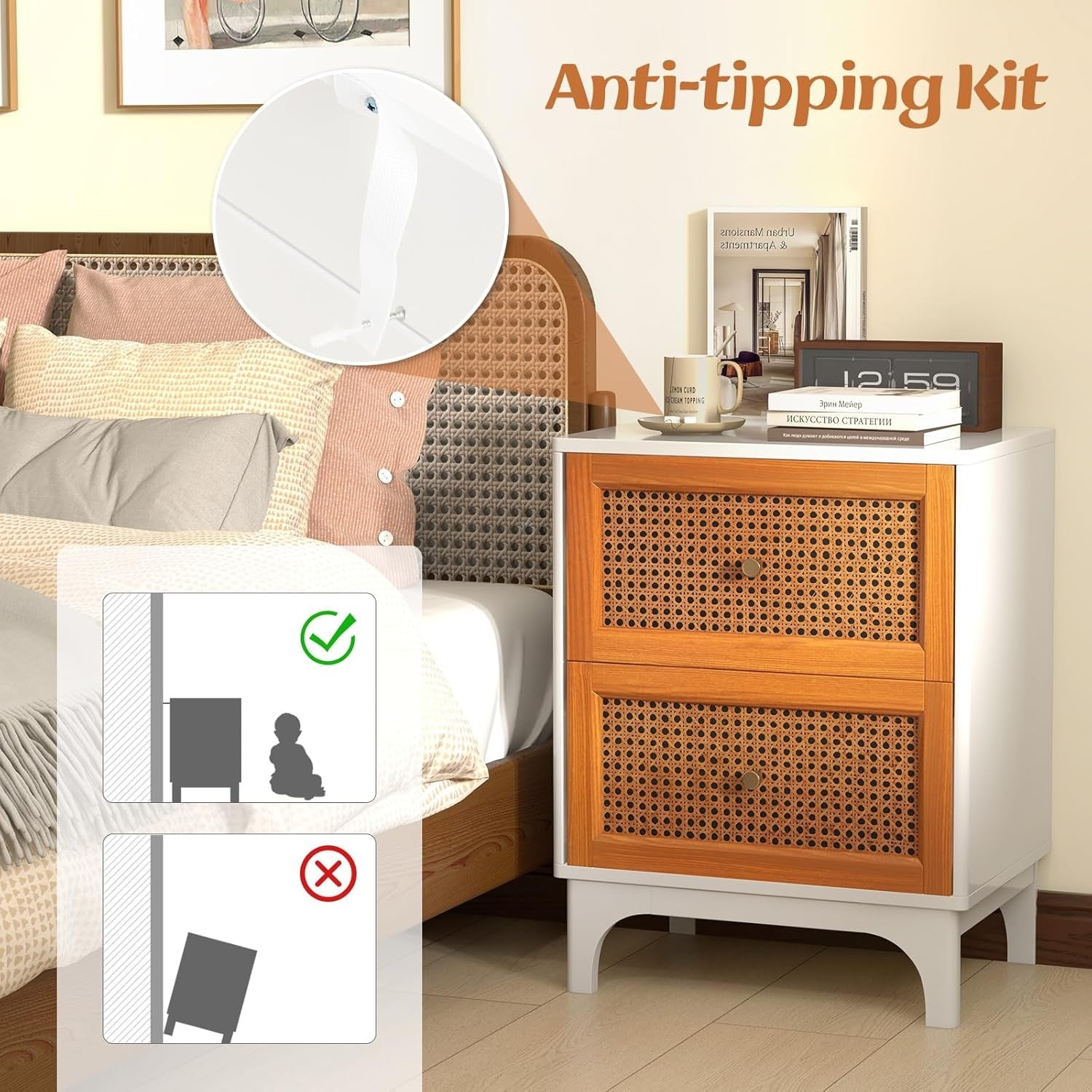 Modern Rattan Bedside Tables Set of 2 with Drawers | Wood Storage Nightstands