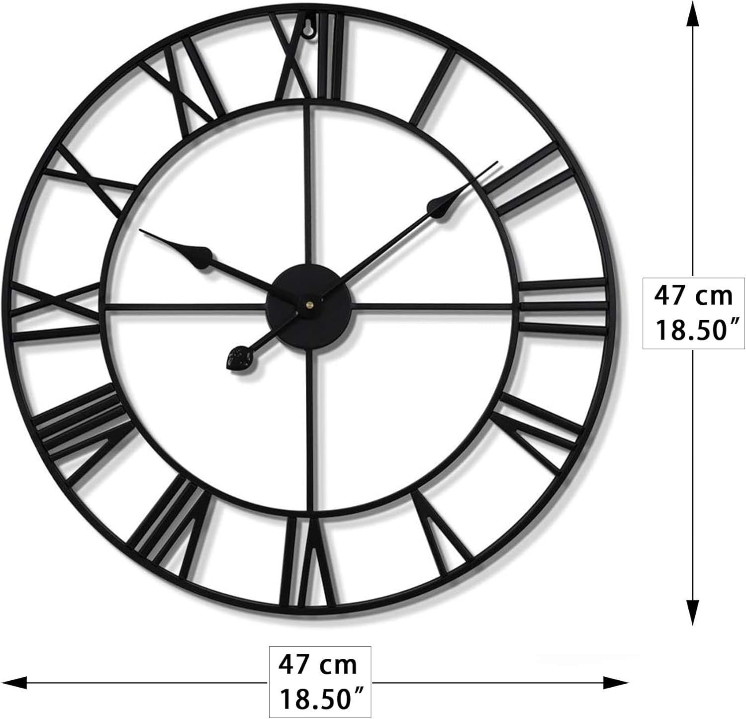 47cm Large Roman Numeral Wall Clock Black Metal Silent Quartz Modern Decor