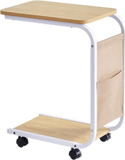 Mobile C-Shaped Side Table with Wheels & Storage Basket for Sofa & Bedroom