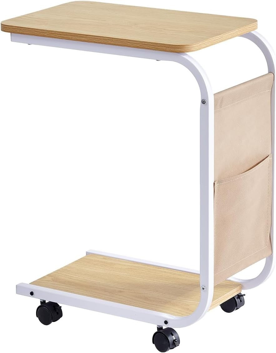 Mobile C-Shaped Side Table with Wheels & Storage Basket for Sofa & Bedroom