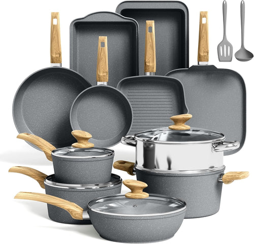 17pcs Grey Granite Induction Cookware Set Non Stick Pots & Pans Oven Safe