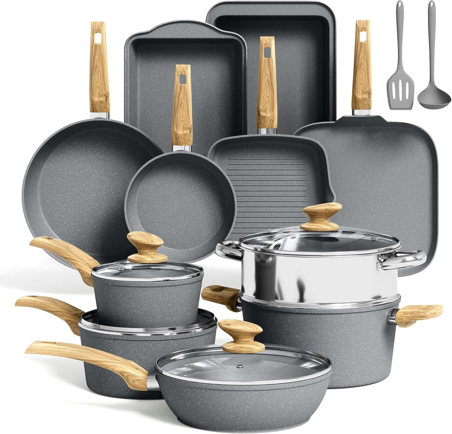 17pcs Grey Granite Induction Cookware Set Non Stick Pots & Pans Oven Safe
