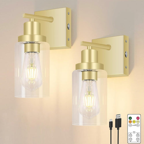 Gold Wall Sconce Lights 2-Pack, Rechargeable LED, Remote, Dimmable