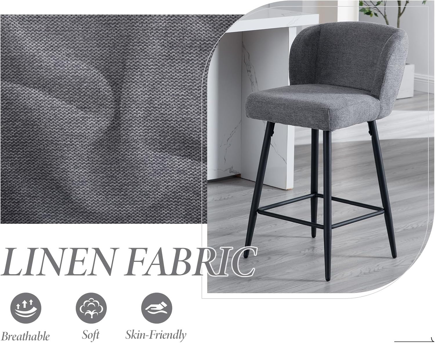 Grey Linen Bar Stool Set 2 – Upholstered High Counter Kitchen Chairs