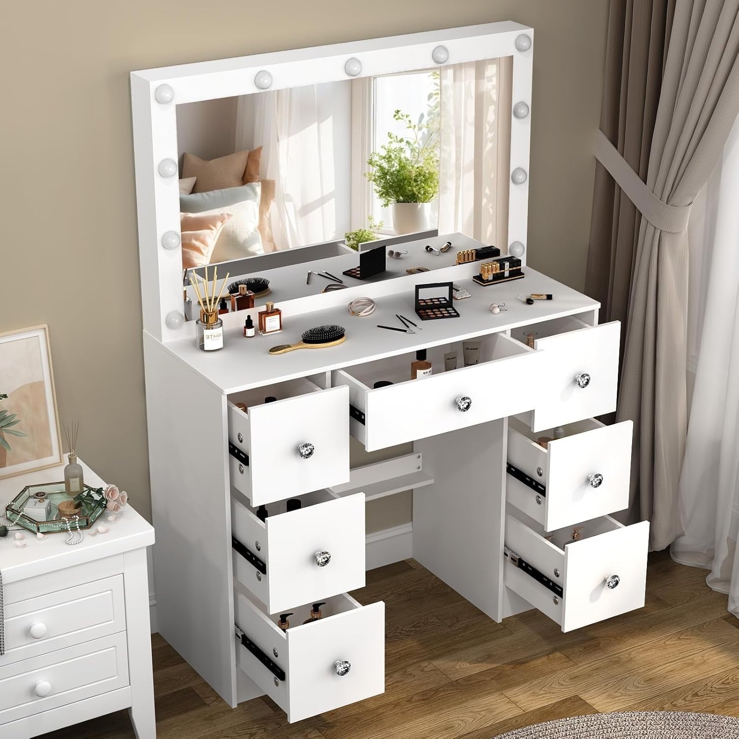 White Modern Vanity Desk Makeup Table Set w/ 10 LED Light Mirror & 3 Drawers (Ma