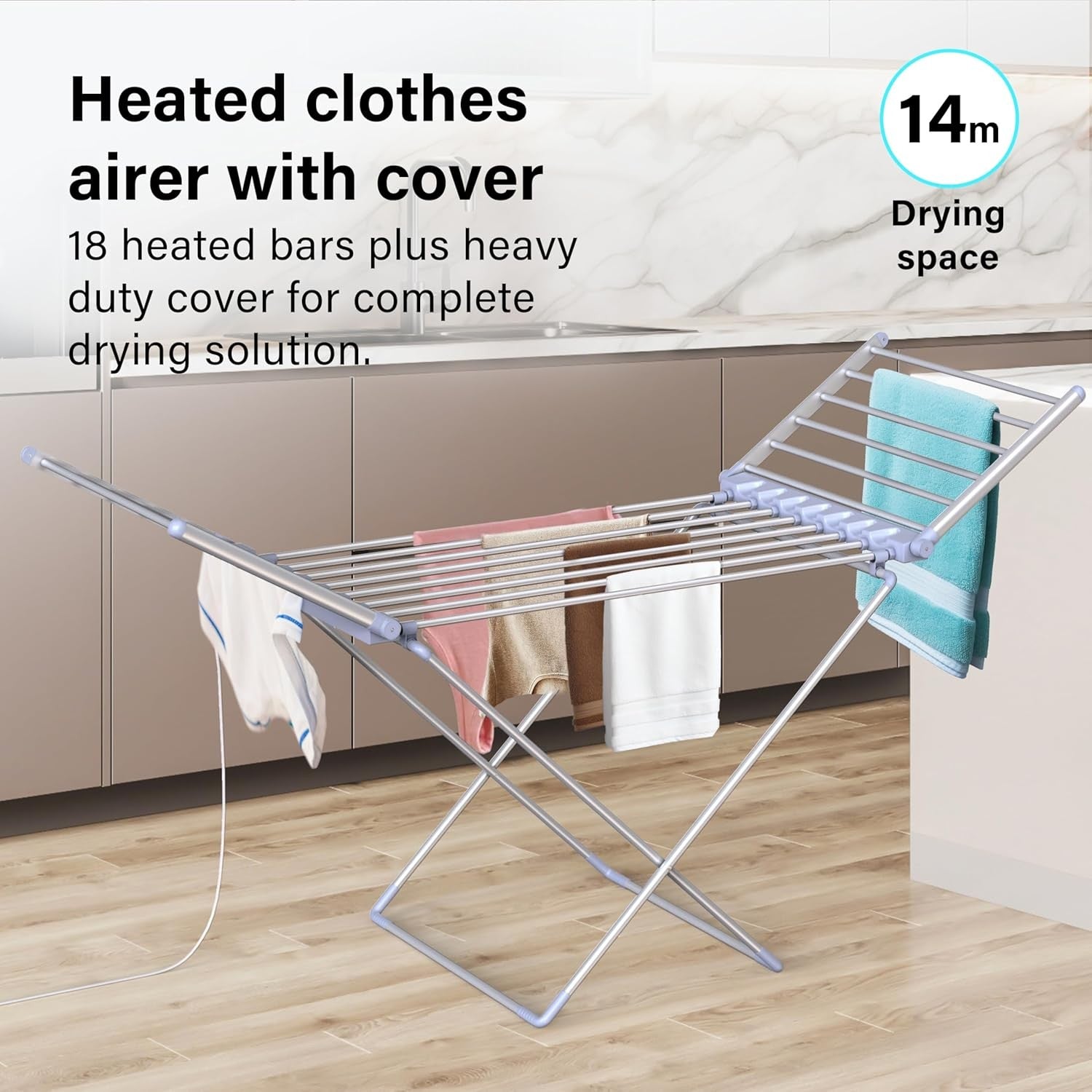 Heated Clothes Airer with Cover Electric Folding Winged Dryer 14m Indoor Rack