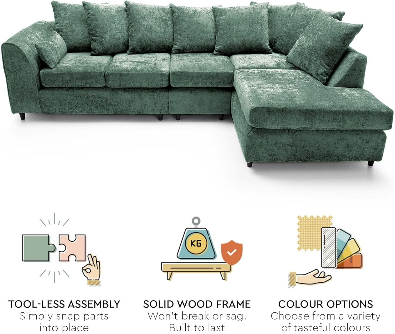 Large Green Chenille Corner Sofa – Right Hand L-Shaped Couch – 5 Seater