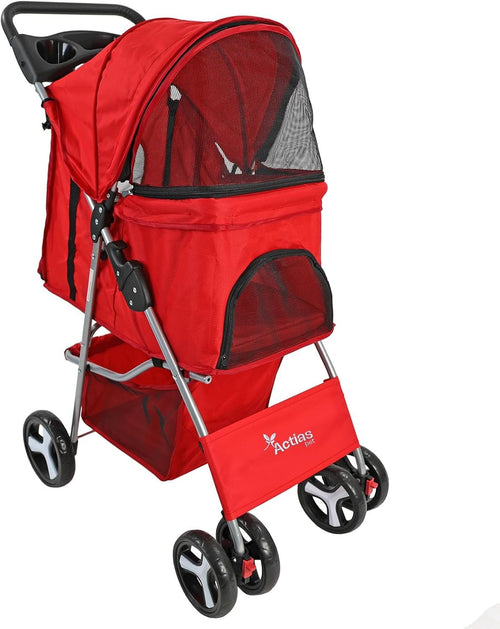 Pet Travel Stroller Dog Cat Pushchair Foldable Swivel Wheels 15kg Red