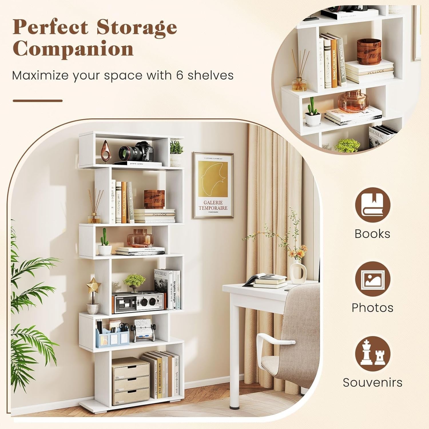 6-Tier S-Shaped Bookshelf Ladder Shelf with Anti-Tip Kits, White, Tall Storage