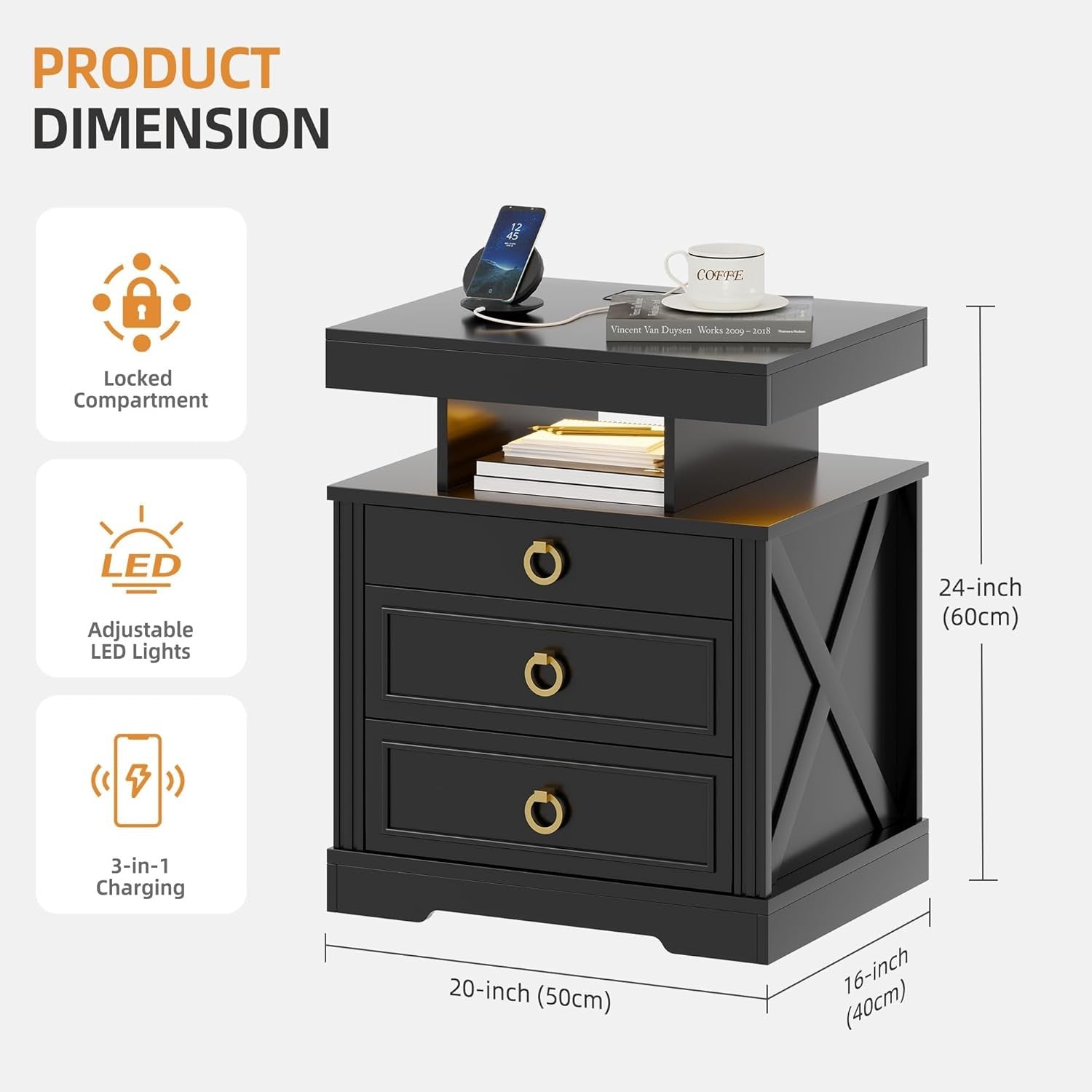 LED Bedside Tables Set of 2 with Hidden Drawer, Wireless Charging & Storage