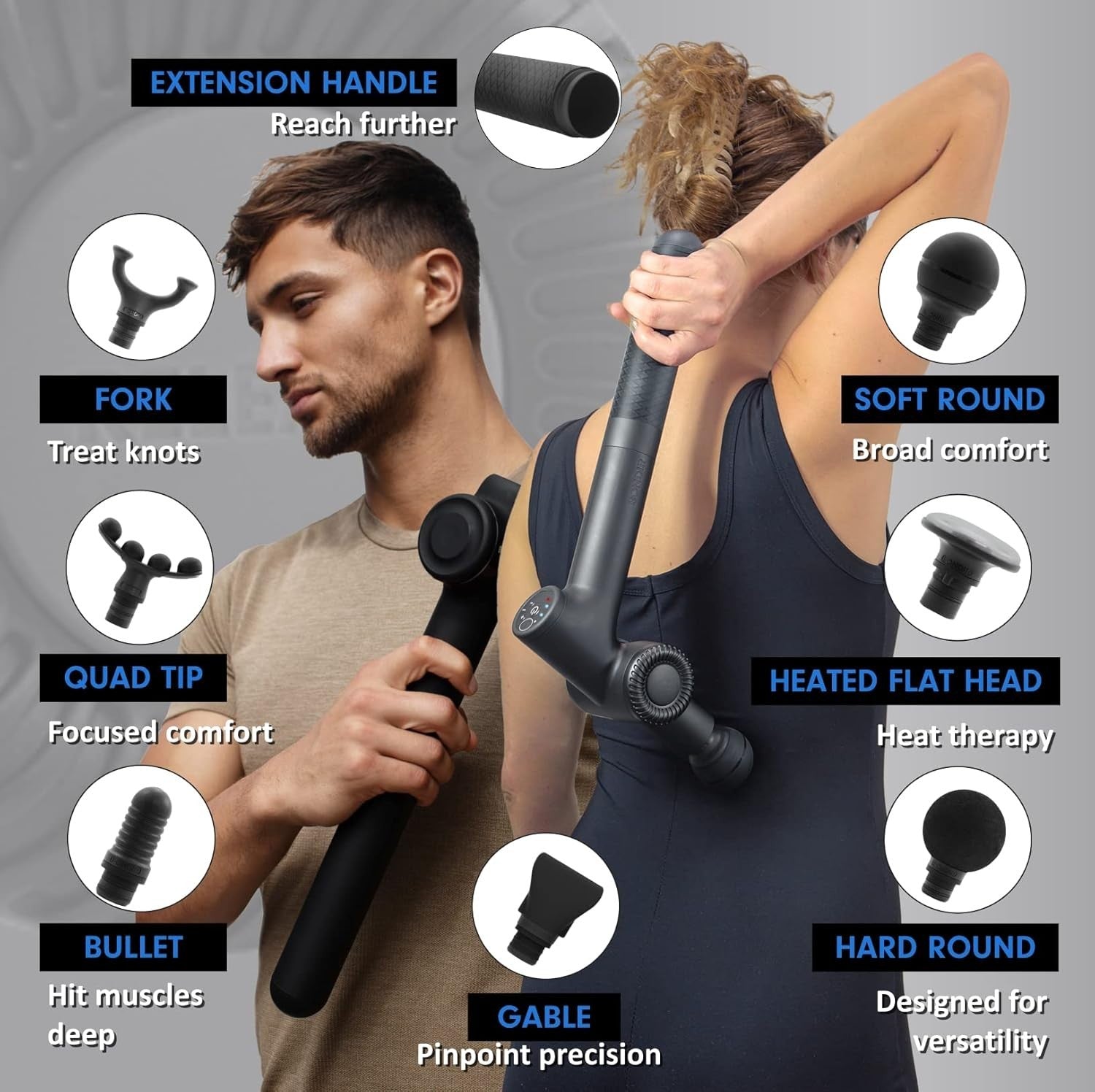 Heated Massage Gun Deep Tissue Back Massager Articulating Handle 7 Heads