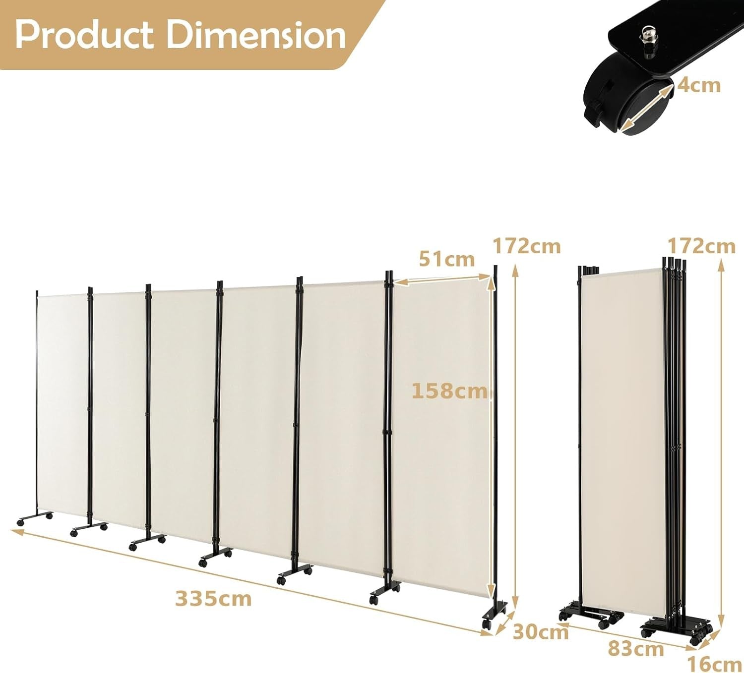 6 Panel White Folding Room Divider Privacy Screen with Wheels for Home Office
