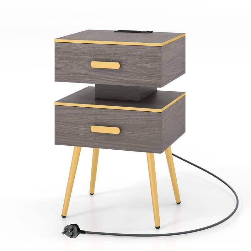 Smart LED Bedside Table w/ 2 Drawers, USB Ports, Shelf, Remote & Plug