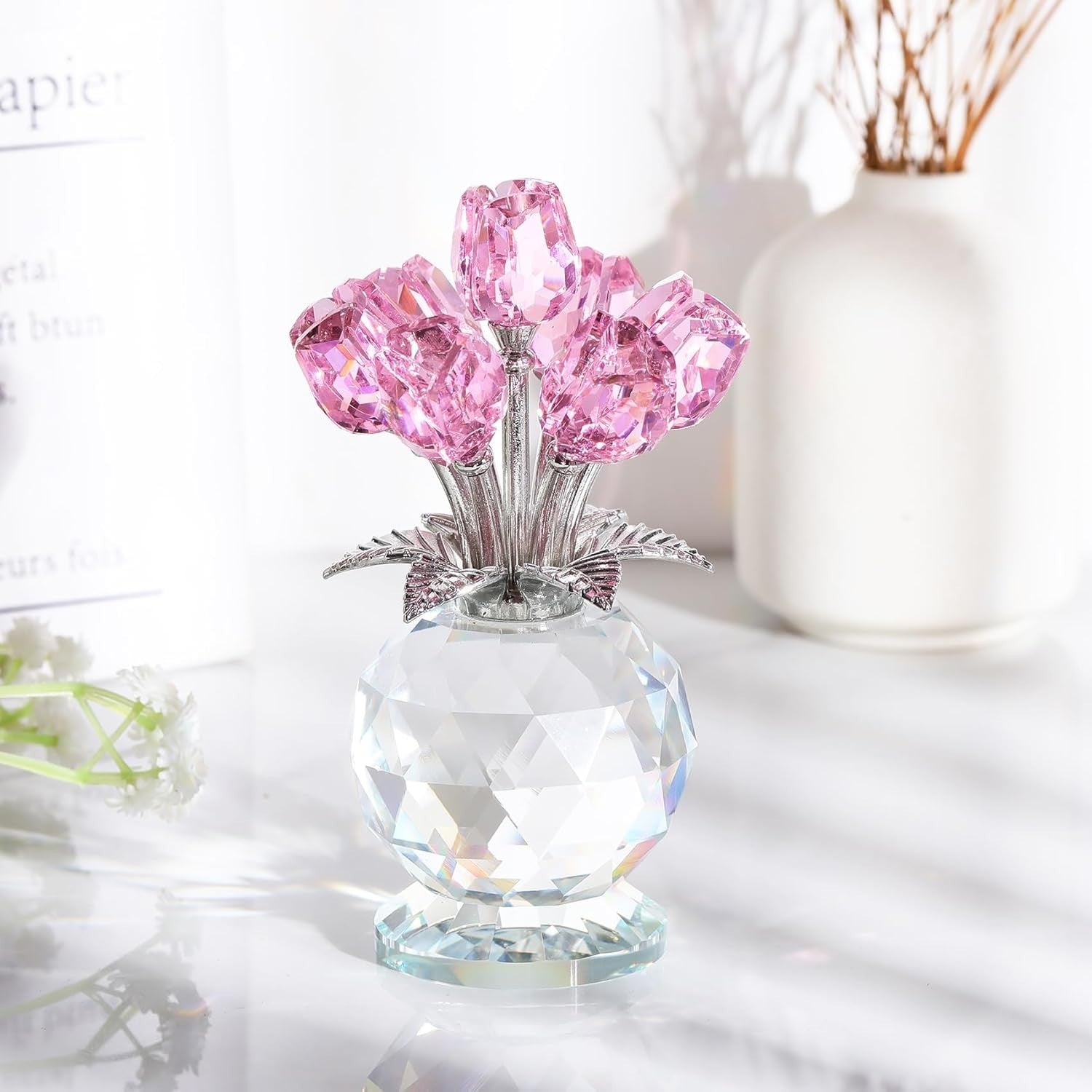 Pink Crystal Tulip Flower Ornament – Luxury K9 Glass Bouquet Gift for Her Home