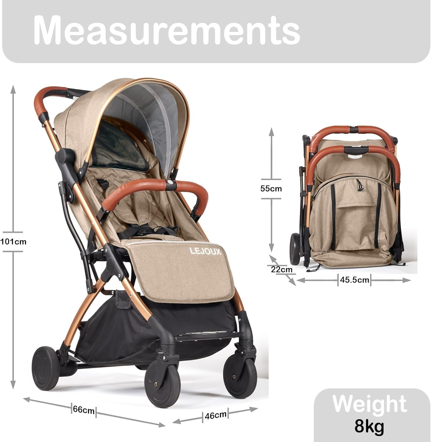 Lightweight Foldable Travel Stroller One-Hand Fold Reclining Seat 0-15kg Beige