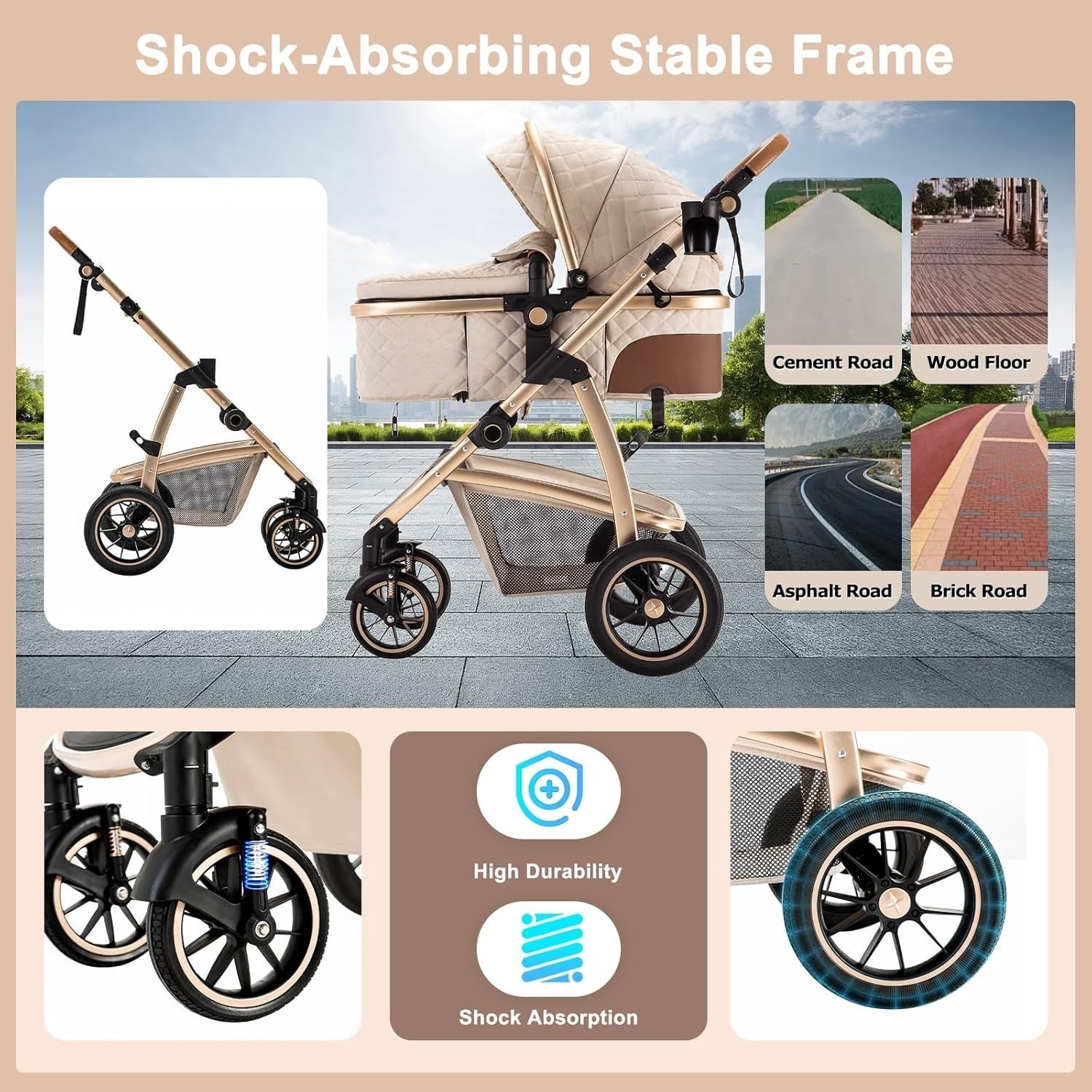 3 in 1 Baby Stroller Pram Pushchair Car Seat Adjustable Handle Beige