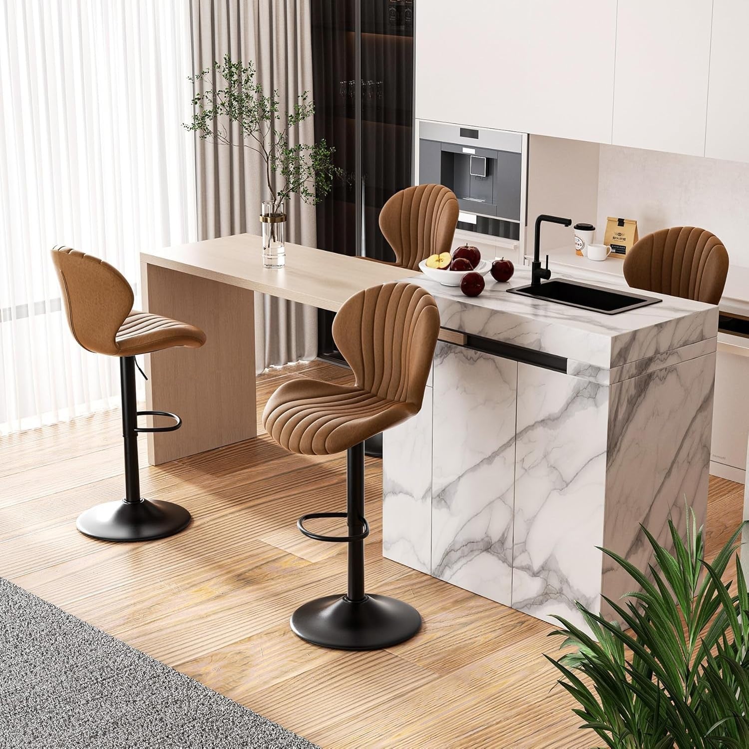 Brown Fabric Bar Stools Set of 2 Swivel Wooden Metal Counter Chairs