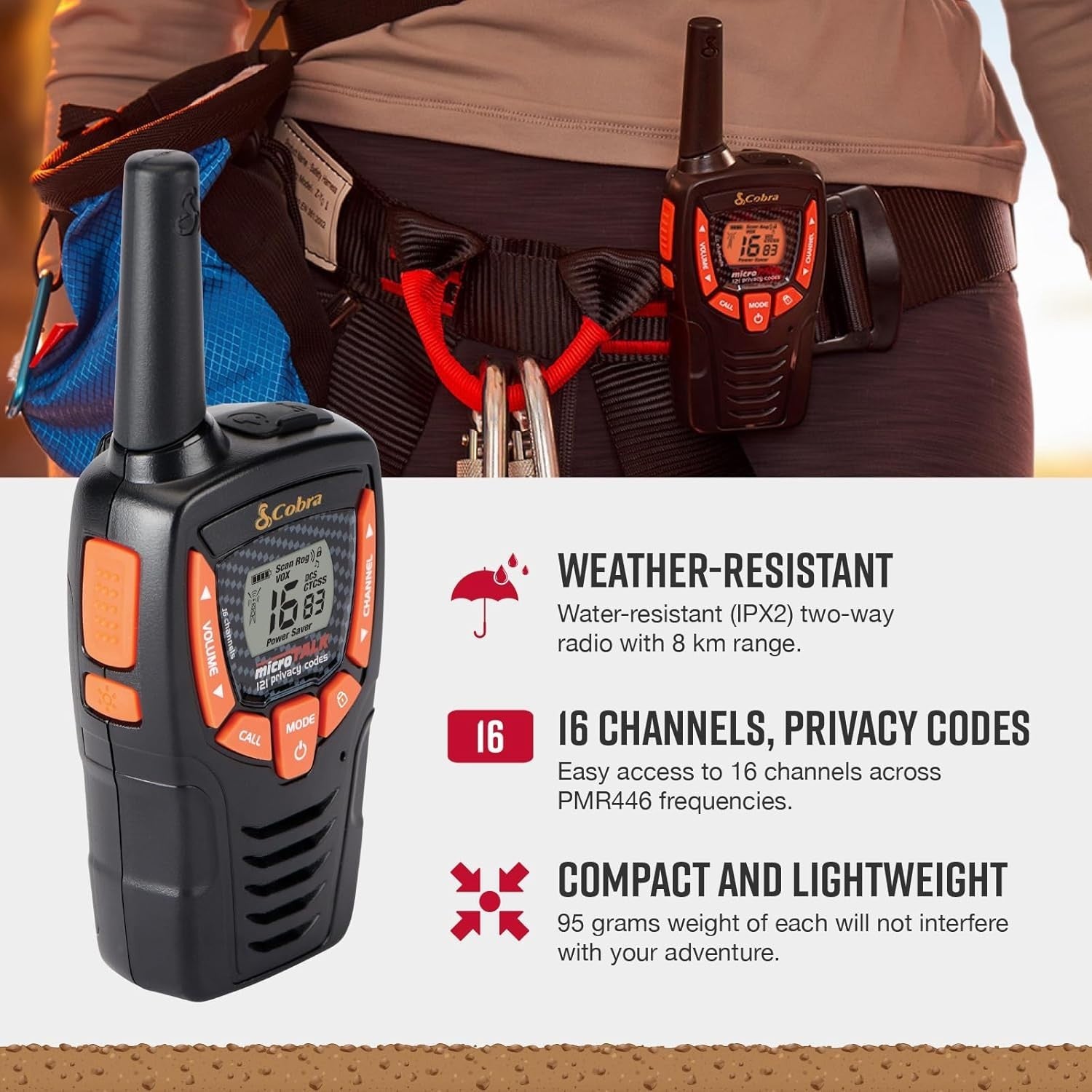 Compact Walkie Talkies 2 Pack 8KM Range VOX Weather Resistant Radio