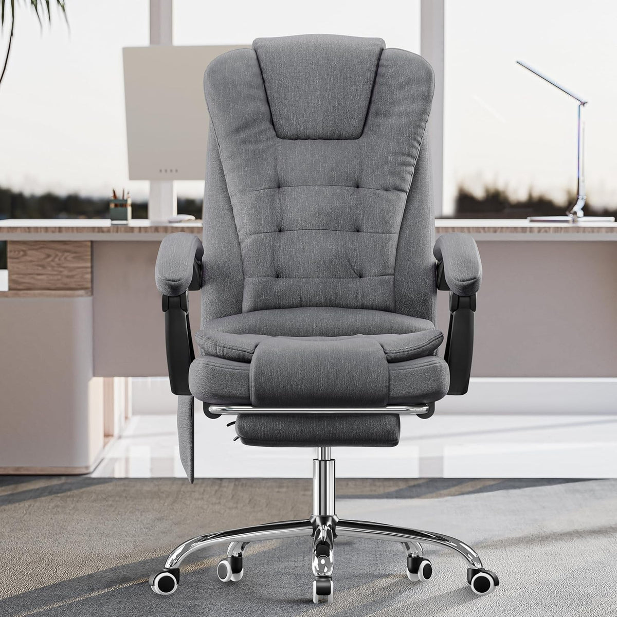 Luxury Massage Office Chair Recliner Linen High Back Desk Seat Footrest Grey