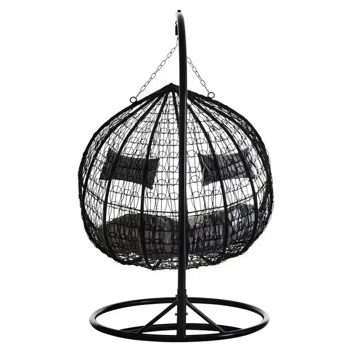 Double Hanging Egg Chair Black Rattan Swing Seat with Grey Cushions Outdoor