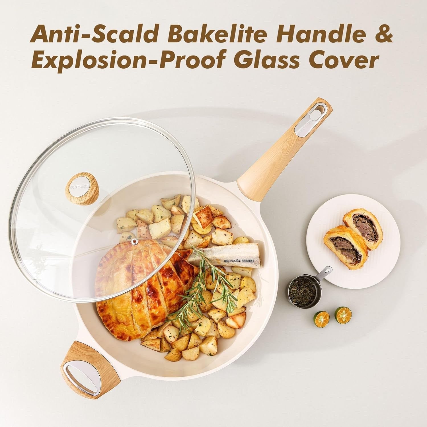 30cm Beige Deep Non Stick Saute Pan with Lid, 4.7L Skillet Induction Compatible
