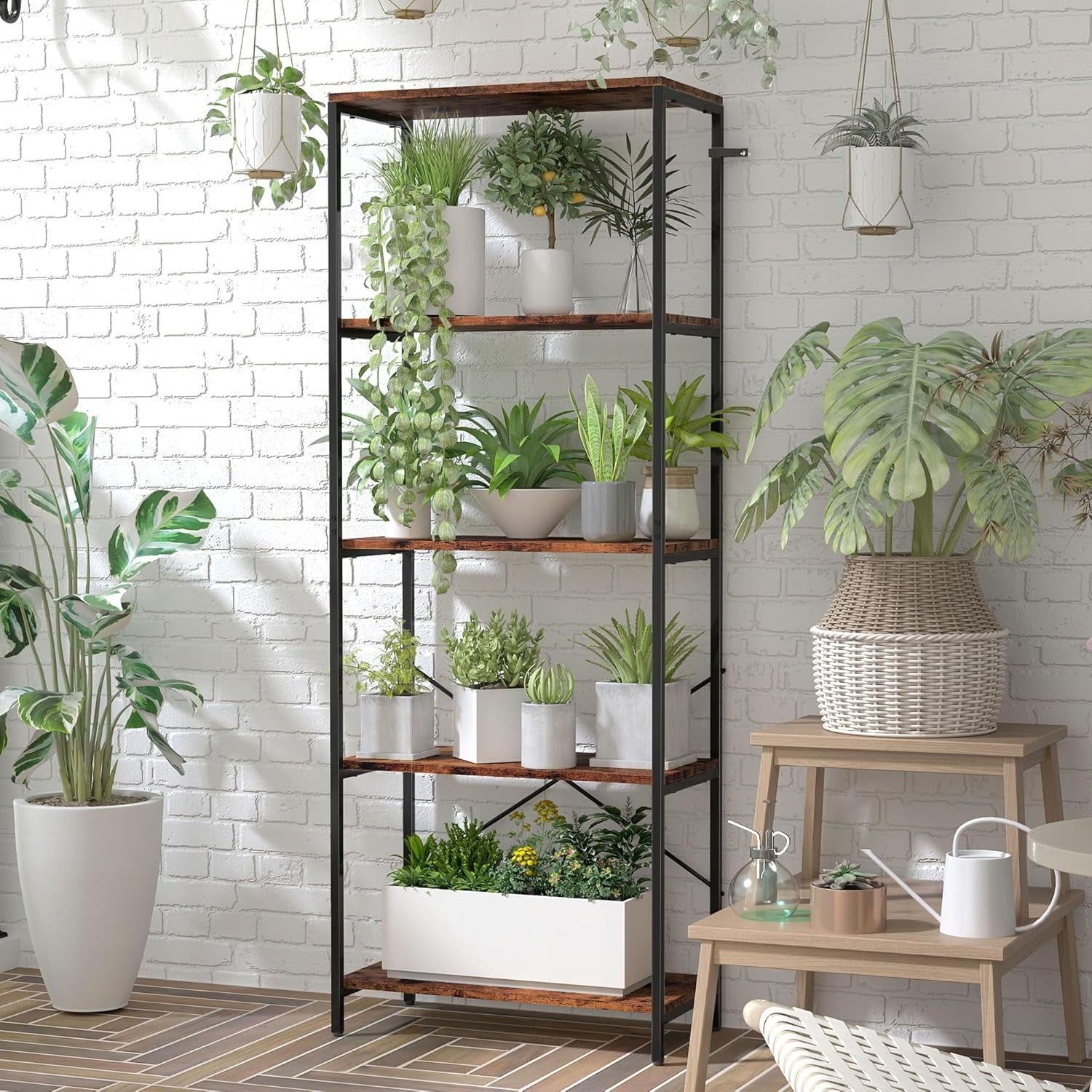 Rustic Brown & Black 5-Tier Industrial Bookcase Tall Metal Frame Display Shelf