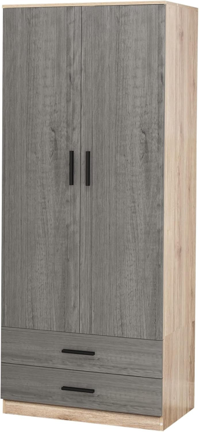 Grey Drawer 2 Door Wardrobe Oak Frame | Modern Tall Bedroom Storage Unit