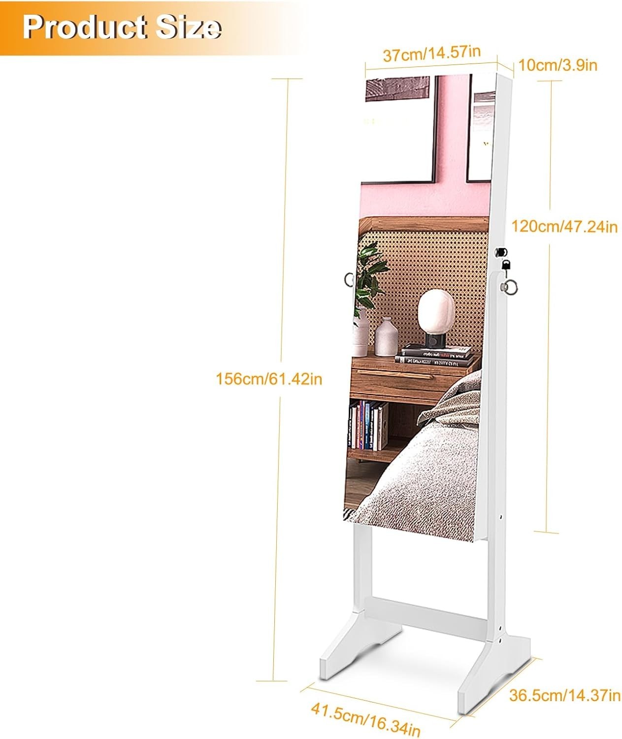 White Lockable Jewelry Cabinet Mirror Adjustable Freestanding Storage