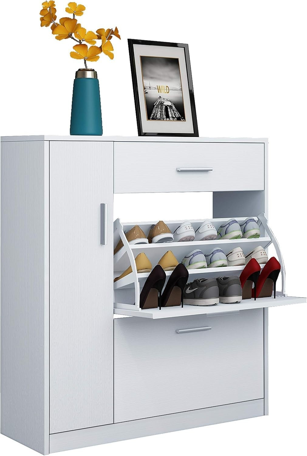 Modern White Shoe Cabinet with Drawer & 18-Pair Pull-Down Storage Rack