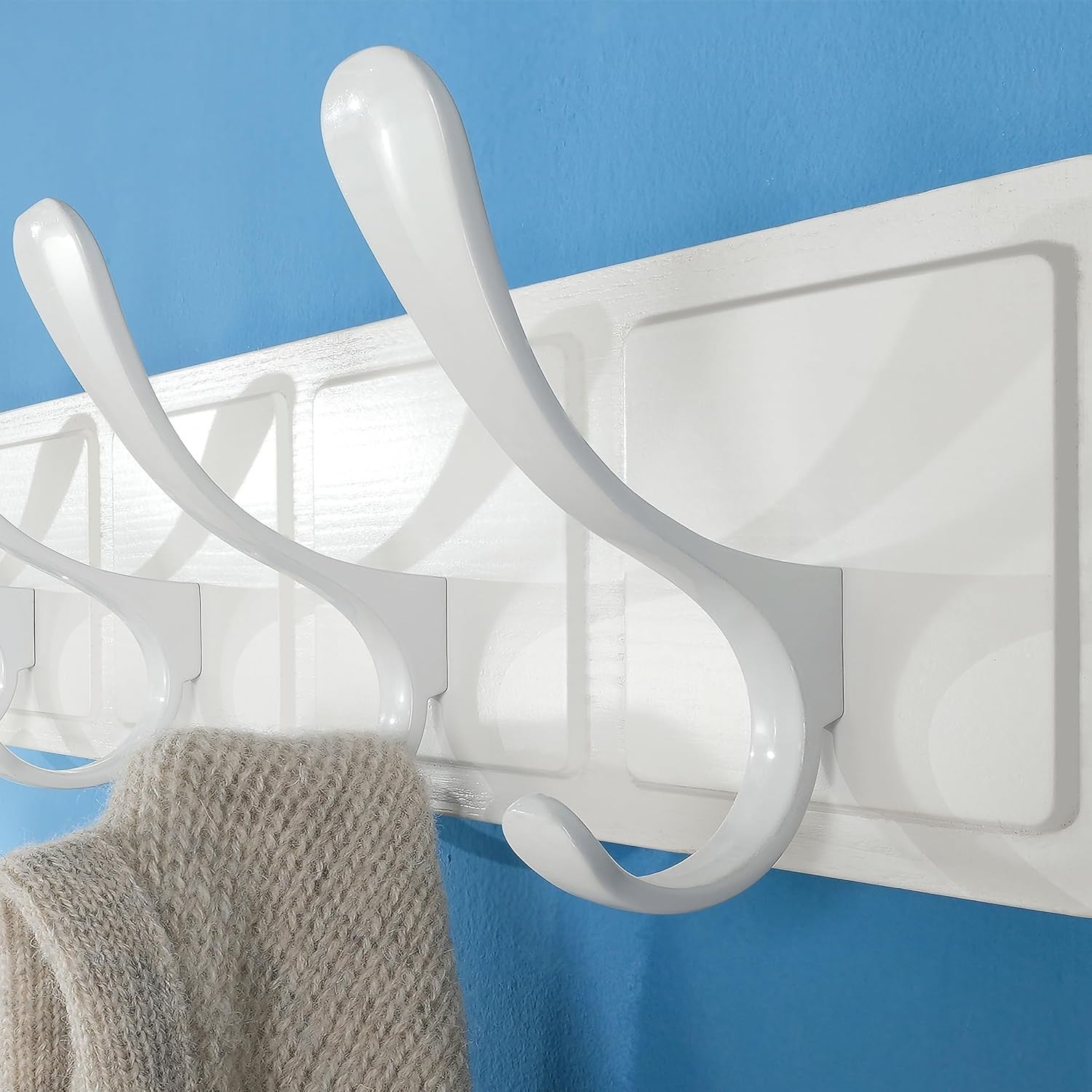 White Wall Coat Rack Set | 2x 6 Hook Wooden Hanger Racks Scandi Minimalist
