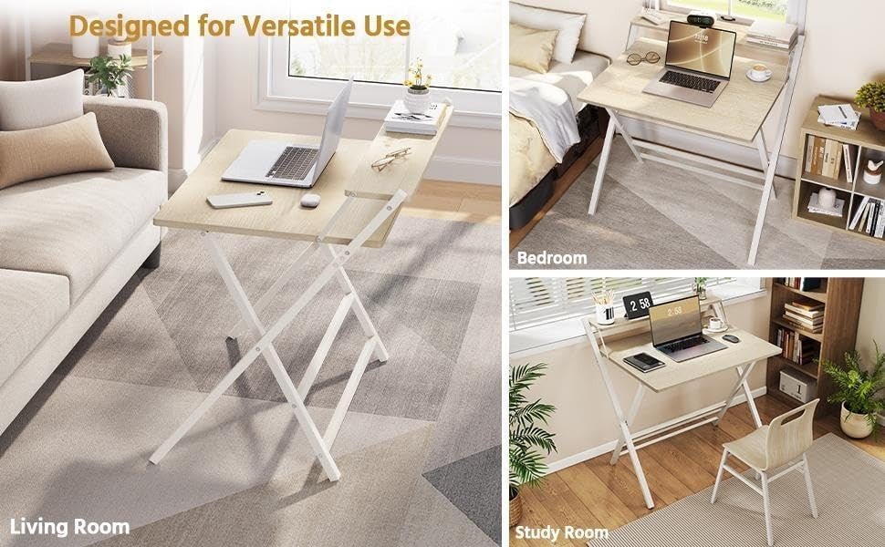 Foldable Computer Desk Small Space with Monitor Stand 80cm Natural Wood