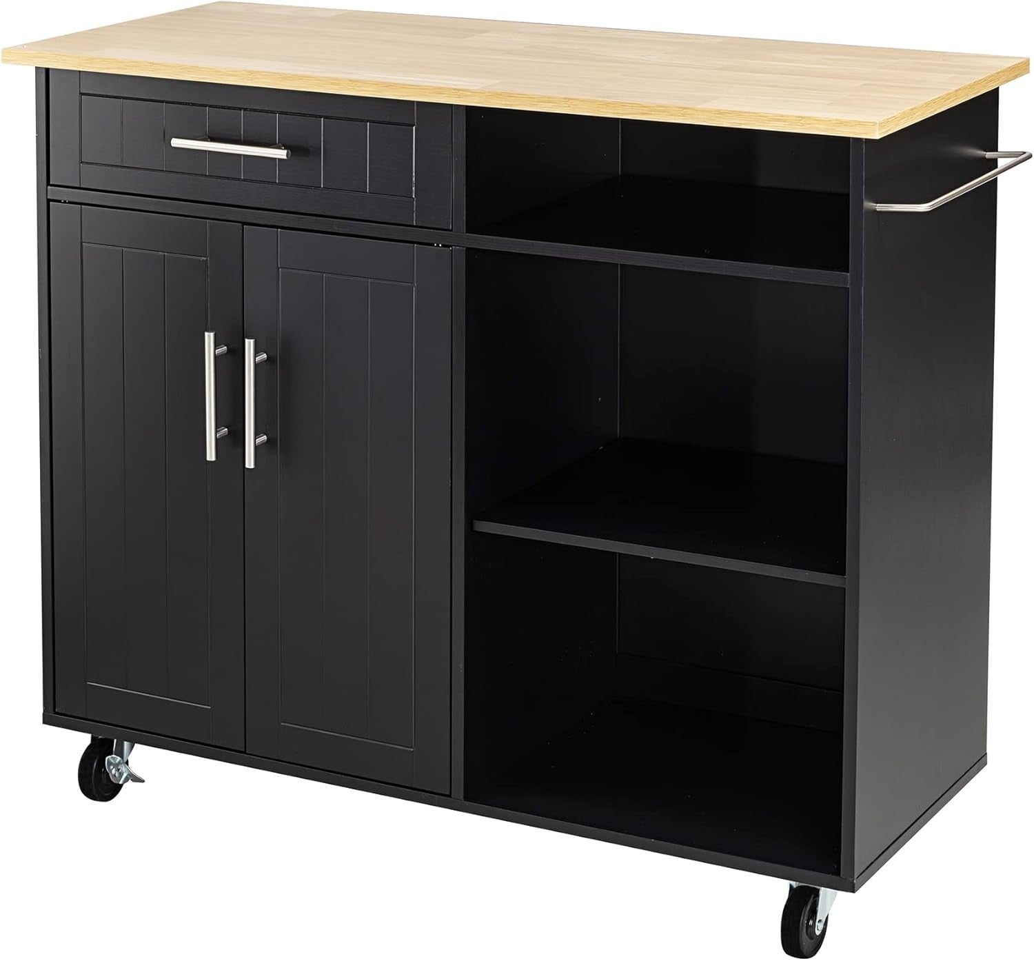 Rolling Kitchen Island Cart with Large Storage Cabinet & Towel Rack, Black